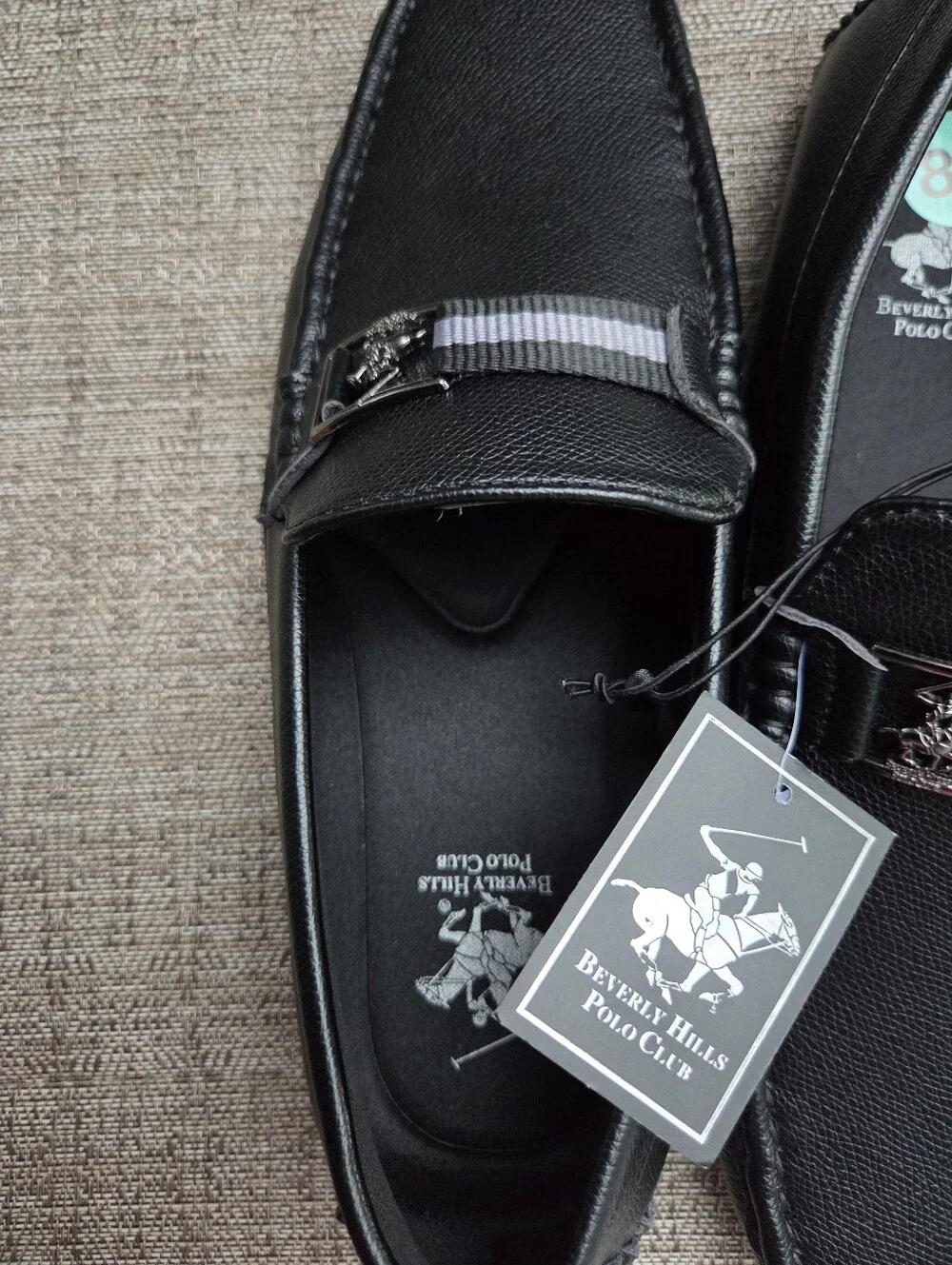 Beverly Hills Polo Club Men’s Black Loafers with Gray Stripe Accent Size 8.5